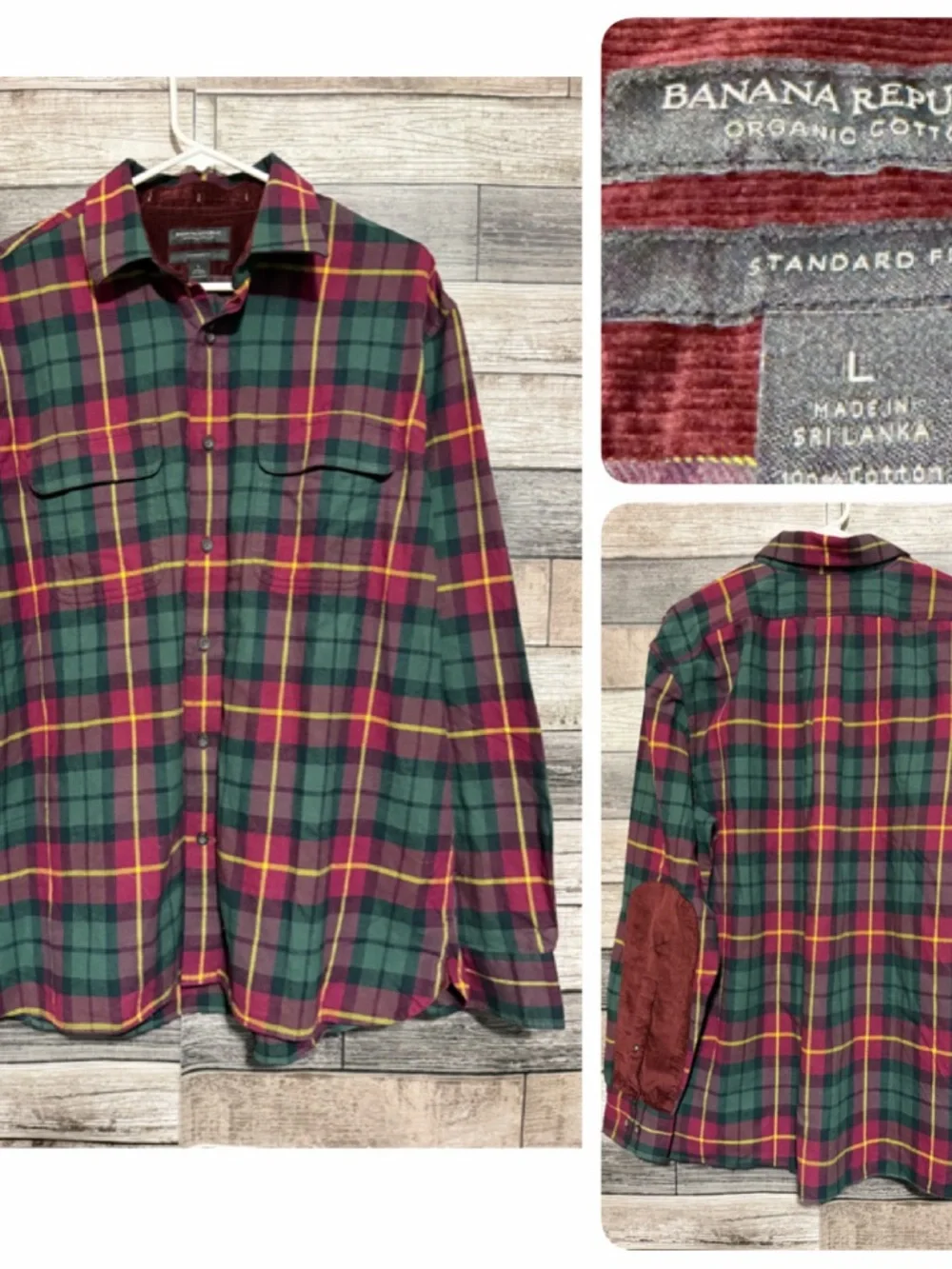Banana Republic Standard Fit Flannel Shirt Men’s L Plaid Elbow Patches Corduroy